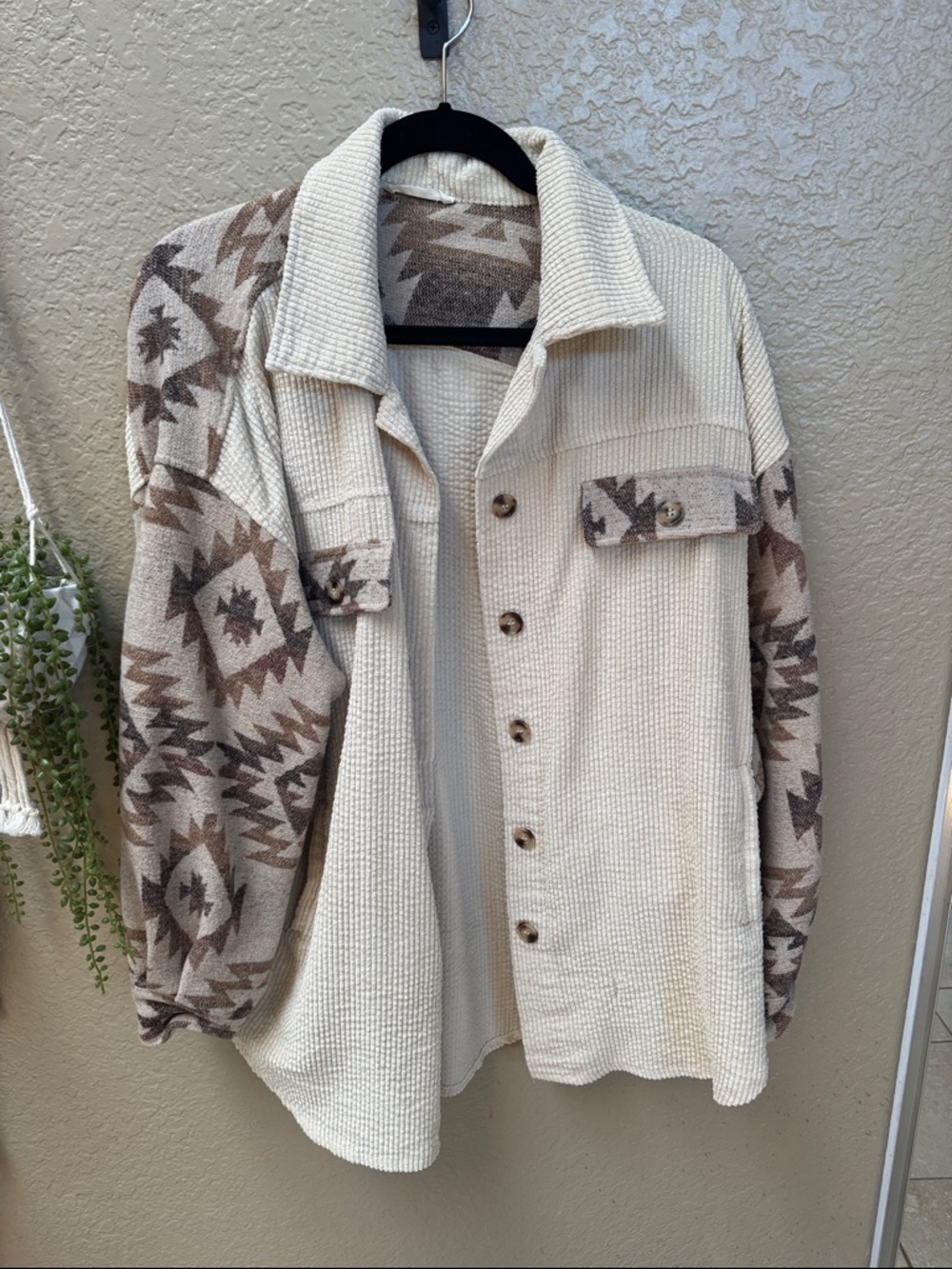 ILLA ILLA Cream Waffle Knit Shacket with Brown Aztec Sleeves